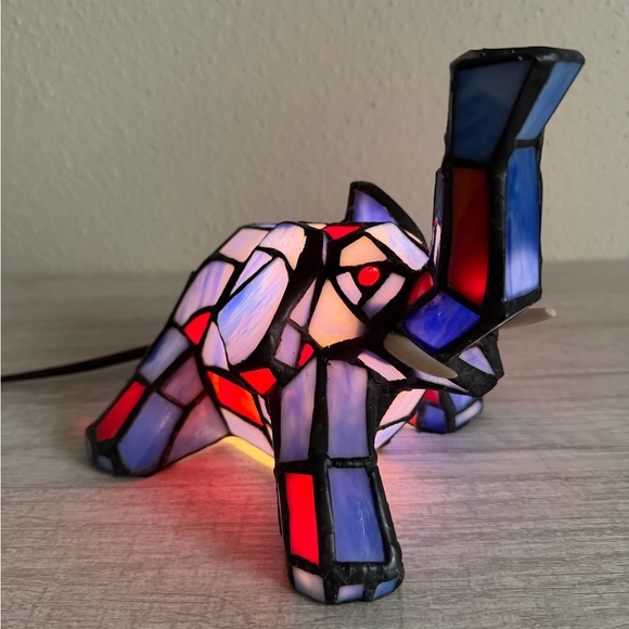 Other - Vintage Elephant Table Lamp Tiffany Style Stained Glass Blue Desk Night Light